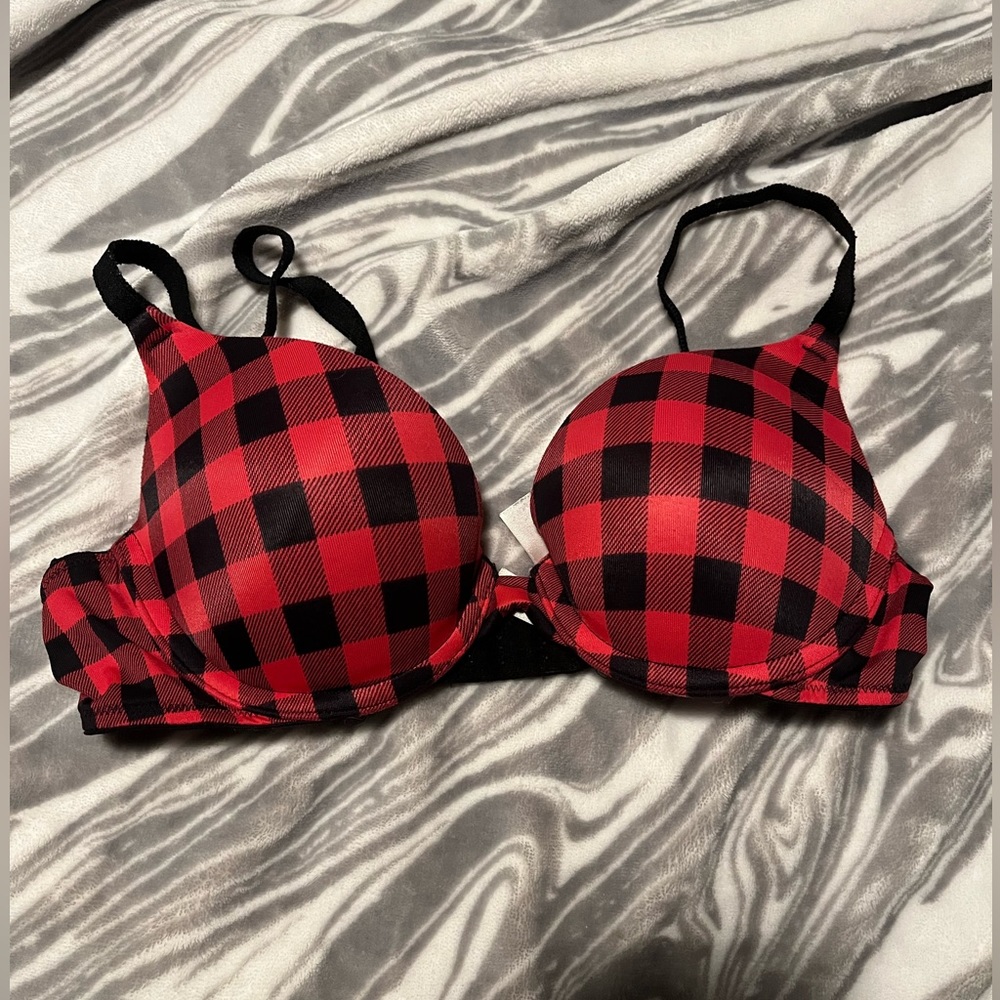 Love Pink Victoria’s Secret push up bra size 34B black and red plaid pattern
